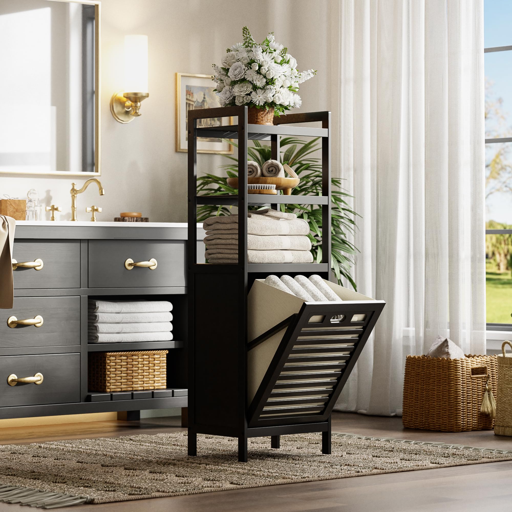 HITNET bamboo cabinet with lower shelves provides versatile bathroom storage.