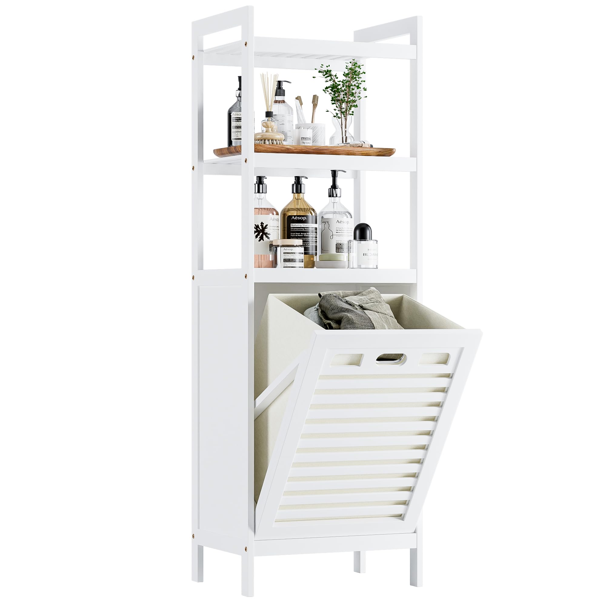 Hitnet Bamboo Tilt Out Hamper front view with ventilated slatted design for breathable storage.