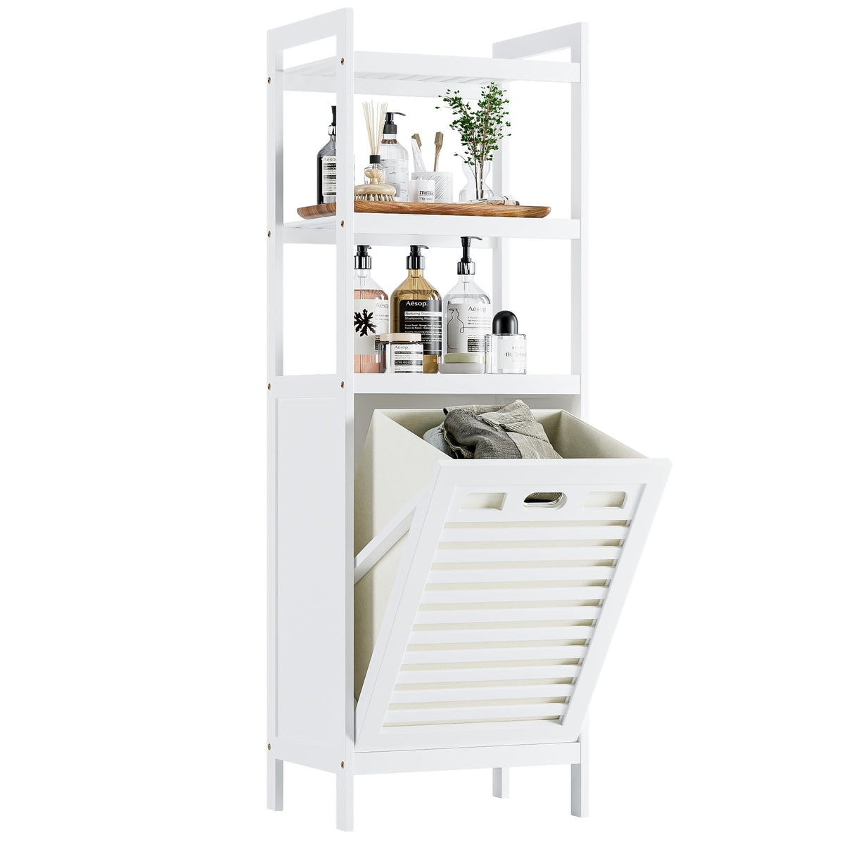 Hitnet Bamboo Tilt Out Hamper front view with ventilated slatted design for breathable storage.