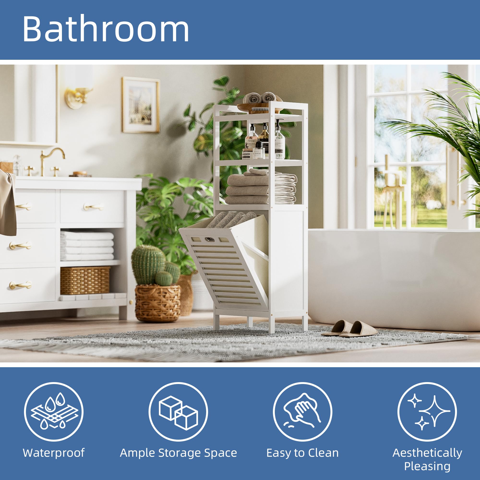 Hitnet Bamboo Tilt Out Hamper open shelves for organized bathroom essentials.