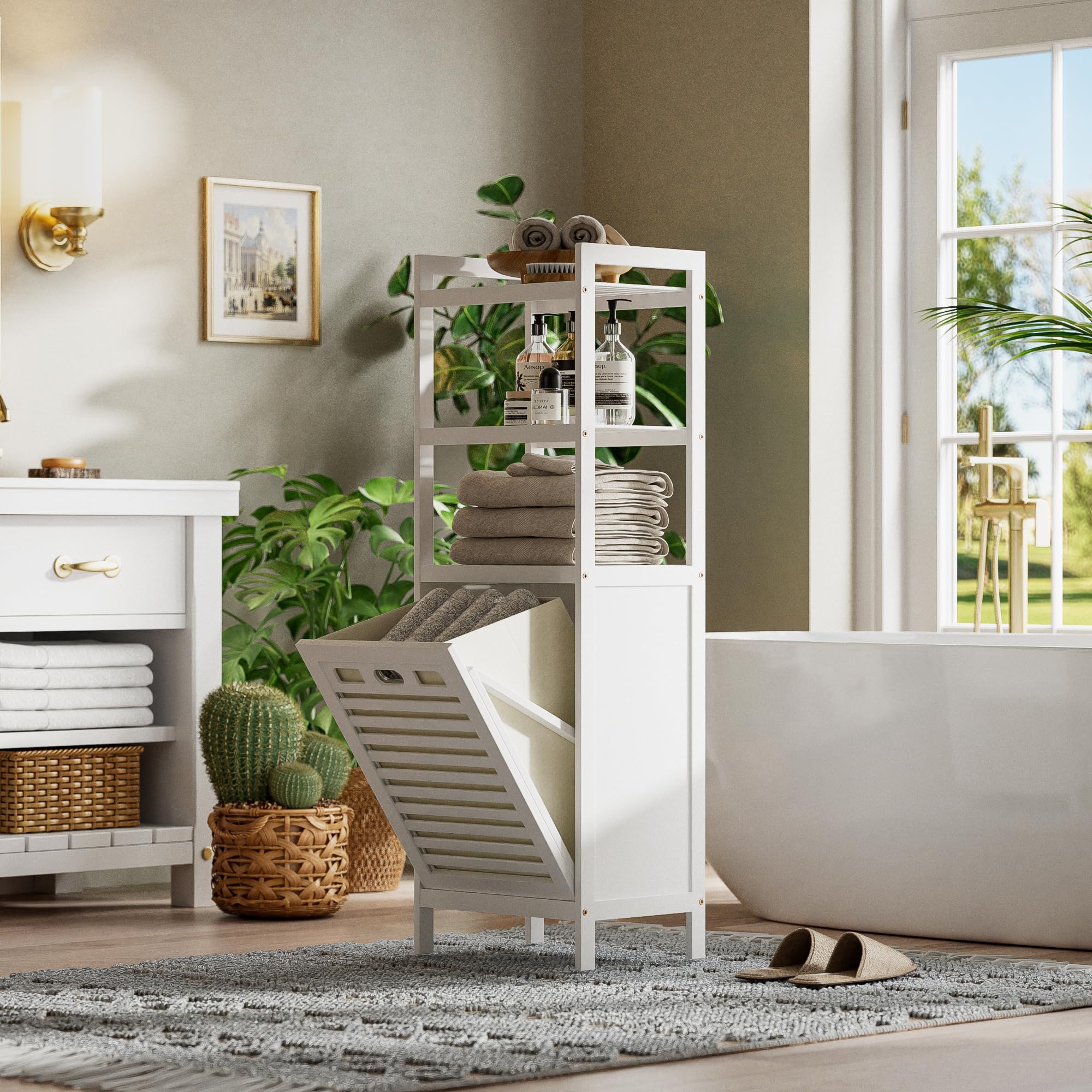 Hitnet Bamboo Tilt Out Hamper white finish shown in modern bathroom.