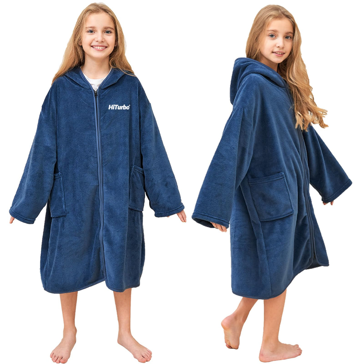 Hiturbo Kids Bath Towel Hoodie navy with cozy hood for quick post-swim cover