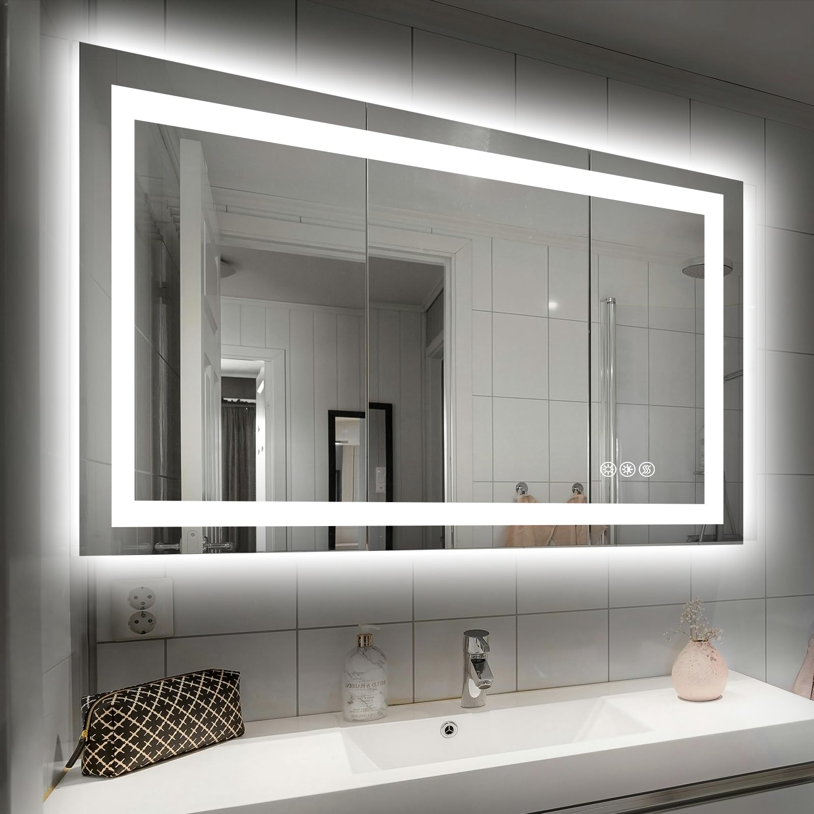Hivone 40x32 LED bathroom mirror with backlit and front-lit panels for precise makeup and grooming.