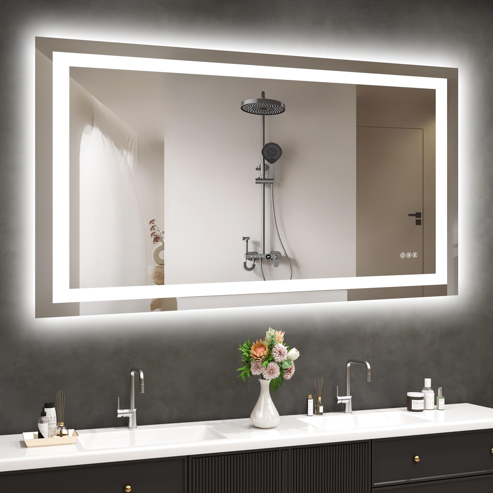 Hivone 48x32 LED mirror showing dual backlit and front-lit lighting for precise makeup.