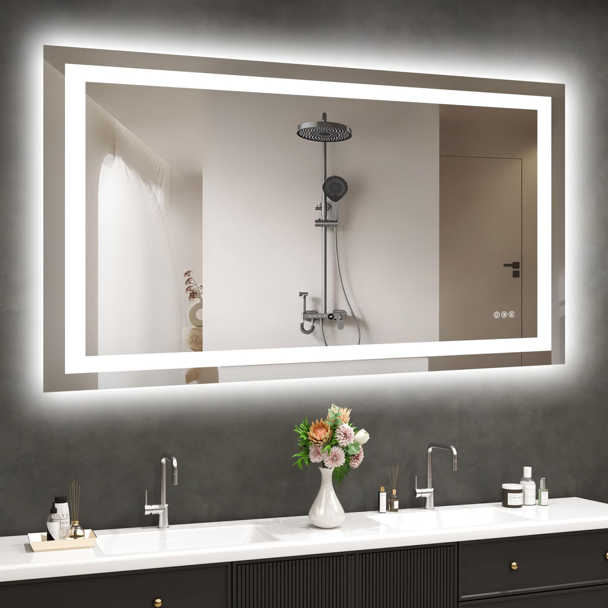 Hivone 48x32 LED mirror showing dual backlit and front-lit lighting for precise makeup.
