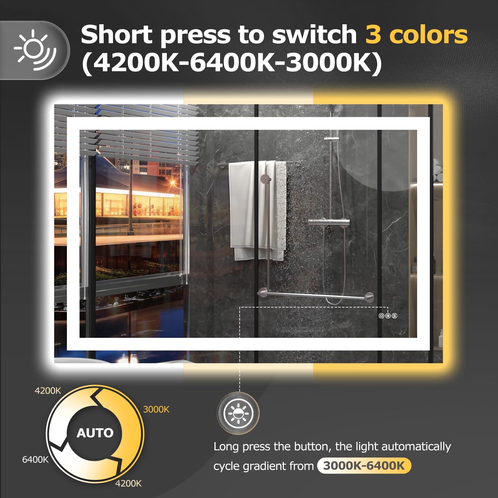 Hivone dimmable mirror with memory function recalling last brightness setting.