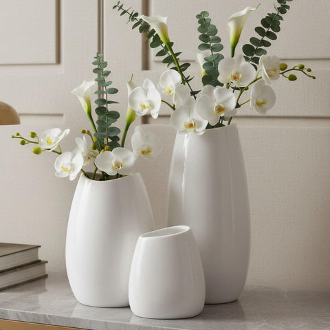 HJN ceramic vase set of 3 white medium height for shelves