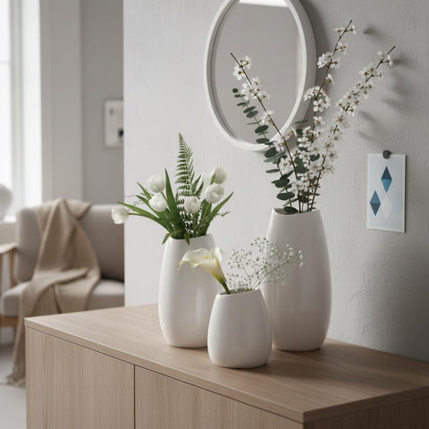 HJN white trio vases with hand glazed finish for chic accents