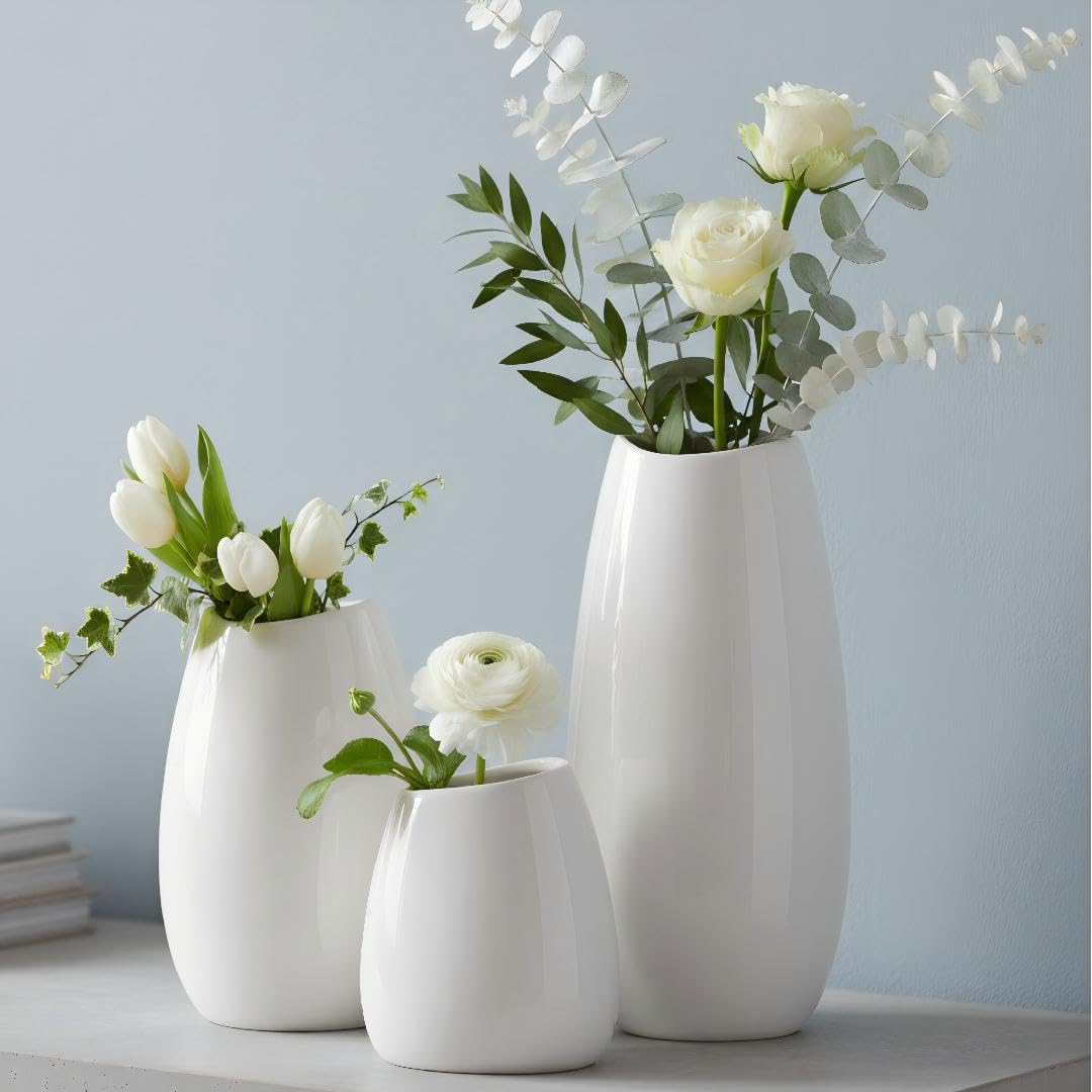 HJN ceramic vase set of 3 tall white finish ideal for blooms
