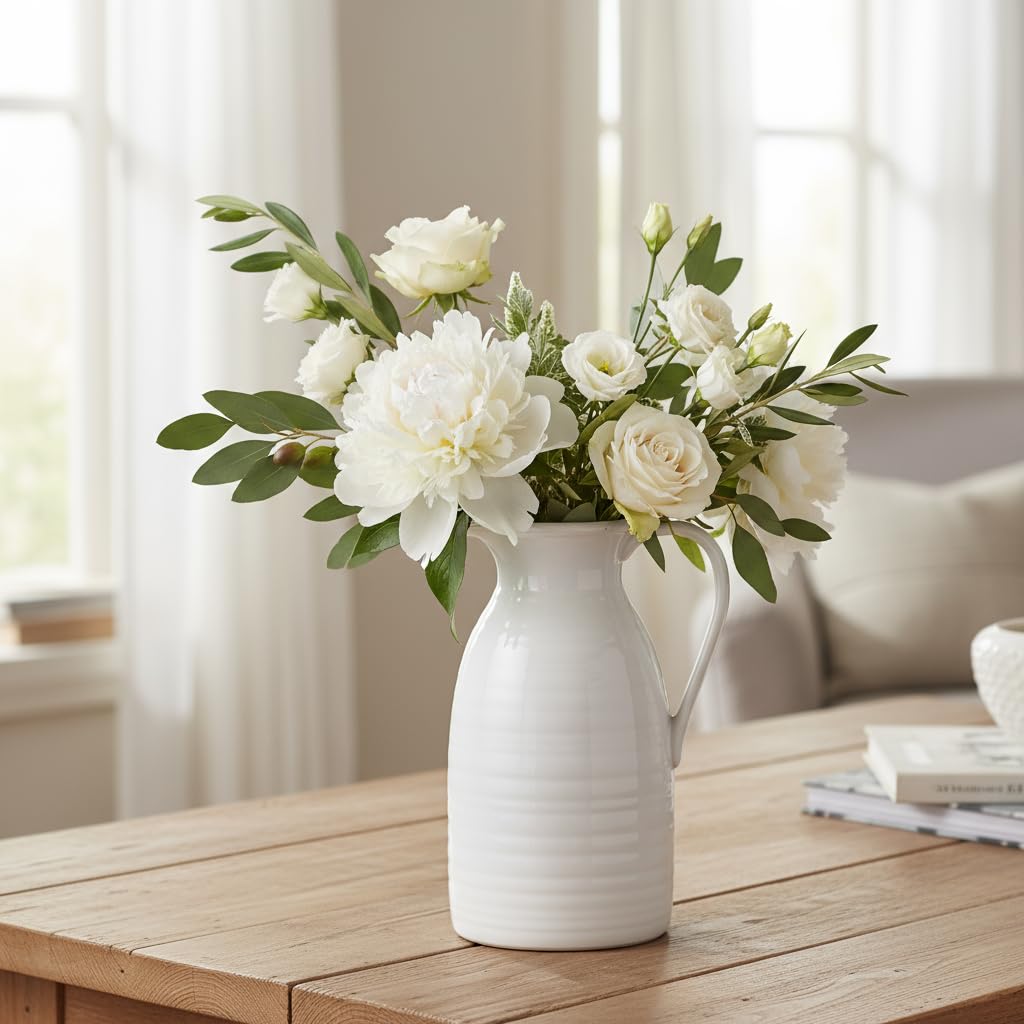 hjn Farmhouse Pitcher Vase in white, a versatile centerpiece for home decor