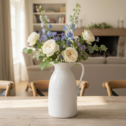 Hjn white ceramic pitcher vase holding water for fresh flowers stylishly