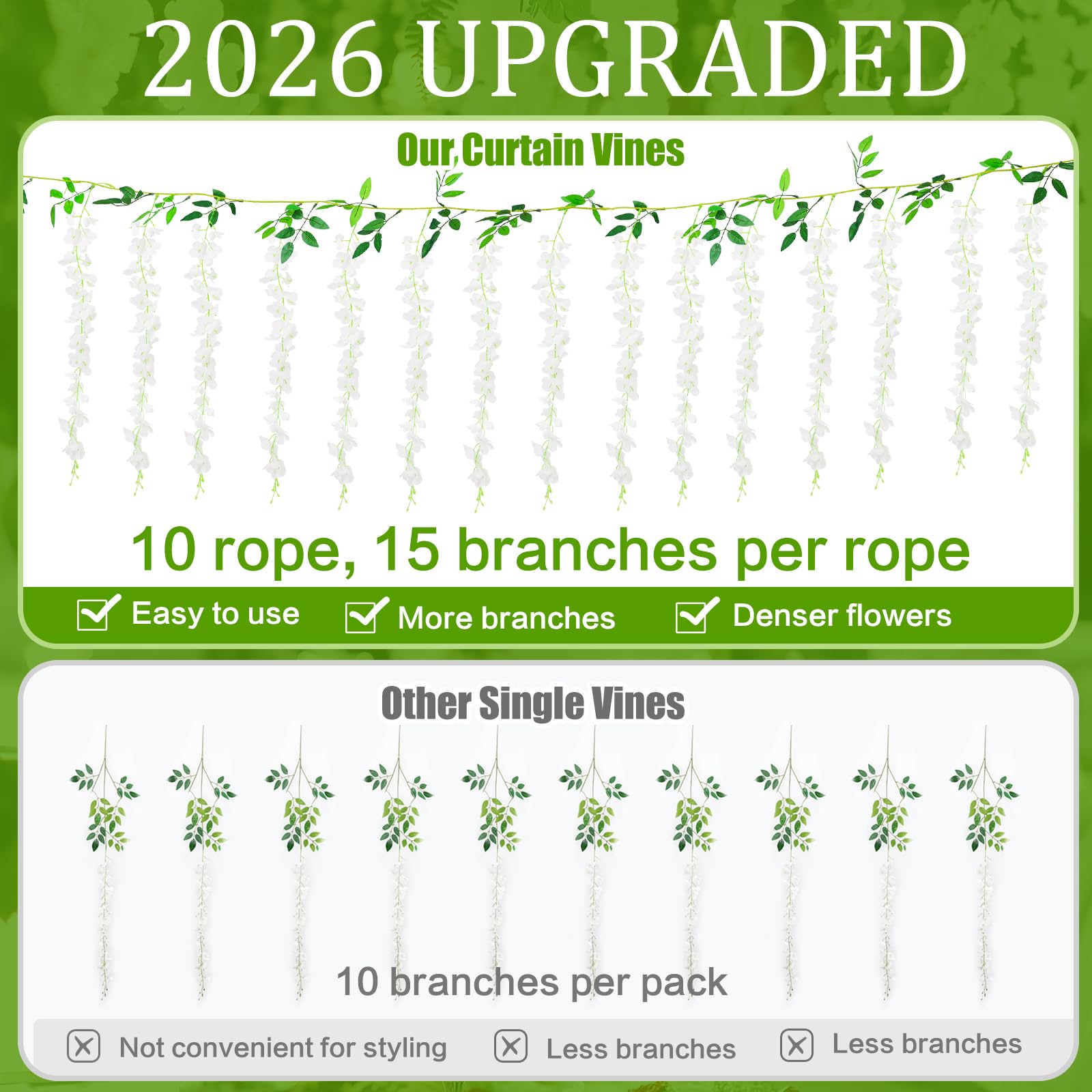 HLAONU wisteria branches close-up highlighting 15-branch ropes for realism