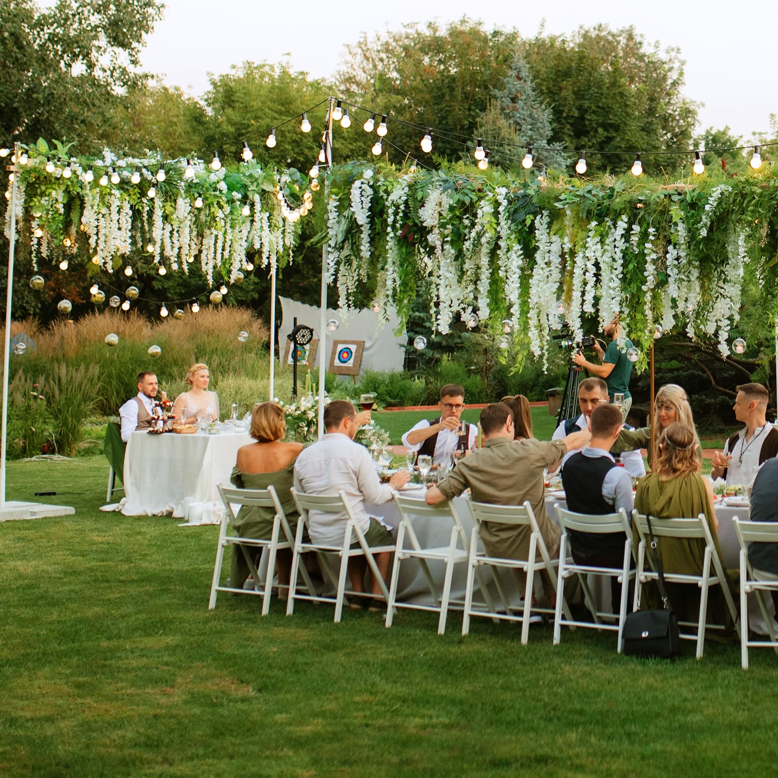 HLAONU garden backdrop idea using long-lasting hanging wisteria