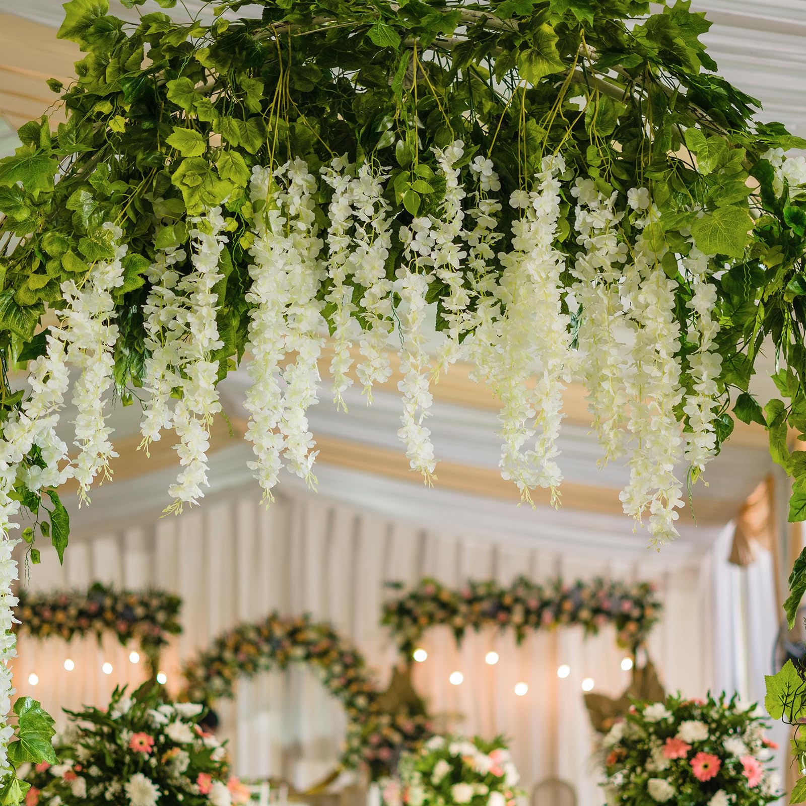 HLAONU wisteria garland on storefront backdrop boosts ambiance.