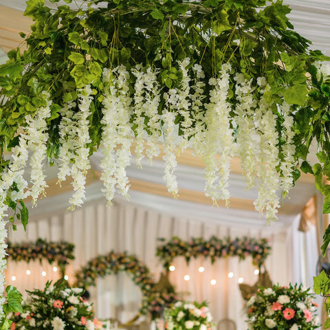 HLAONU wisteria garland on storefront backdrop boosts ambiance.