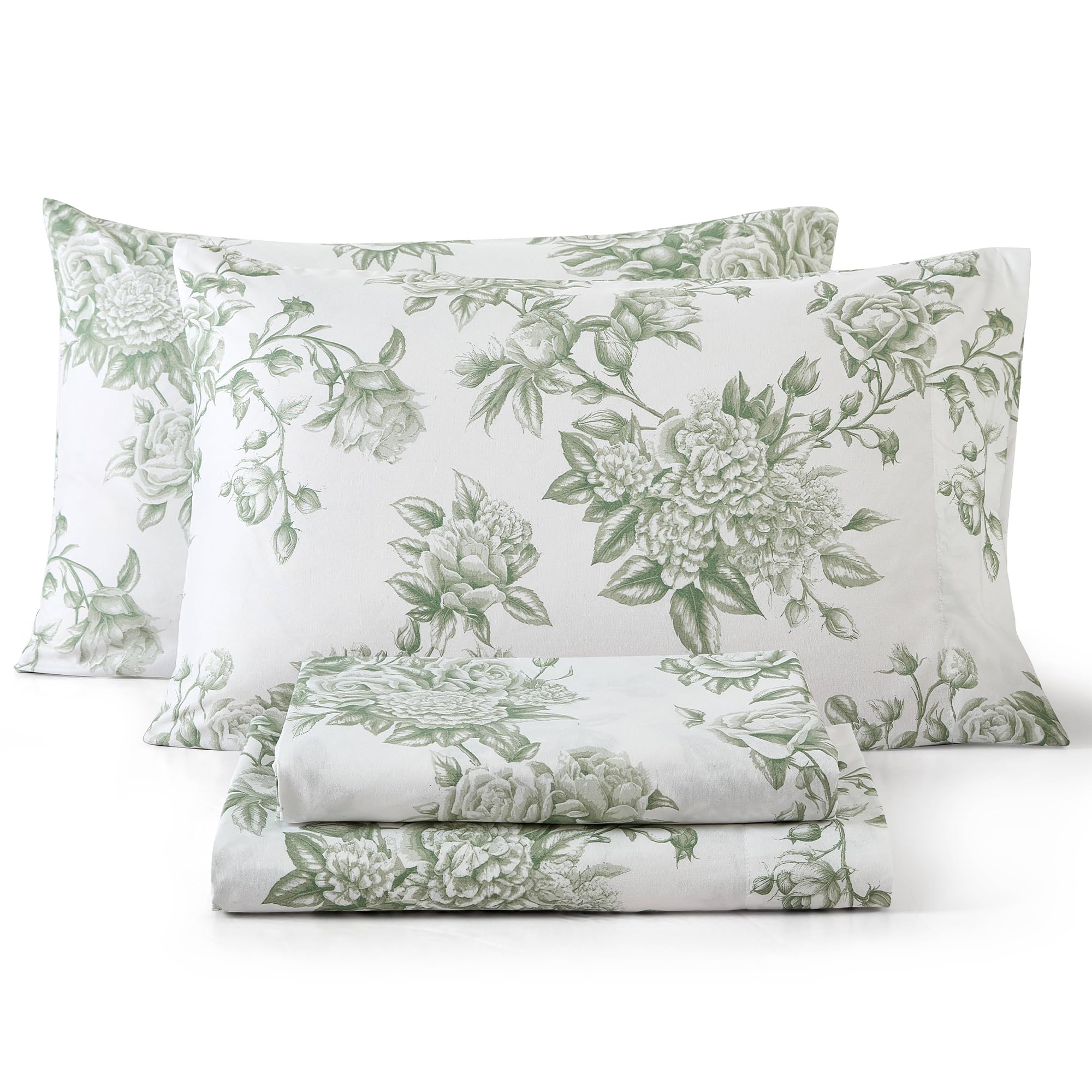 HLC.ME Rose Toile floral bed sheets showcase a rose toile pattern on sage green for a calming look.