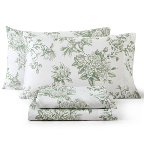 HLC.ME Rose Toile floral bed sheets showcase a rose toile pattern on sage green for a calming look.