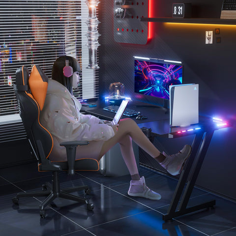 HLDIRECT desk with mousepad, headphone hook, and cup holder for organized gaming
