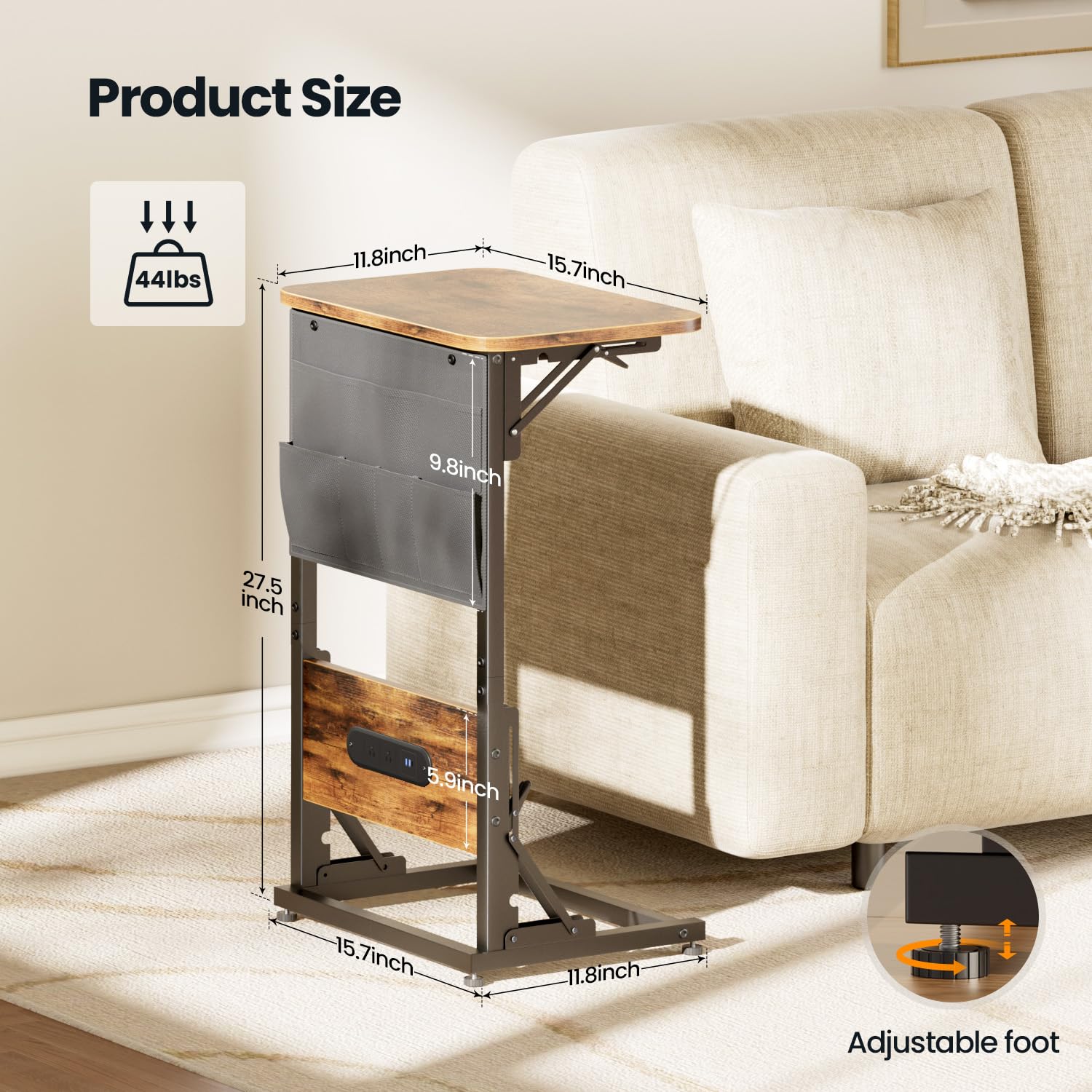 Foldable side table tucked under sofa showing space-saving design