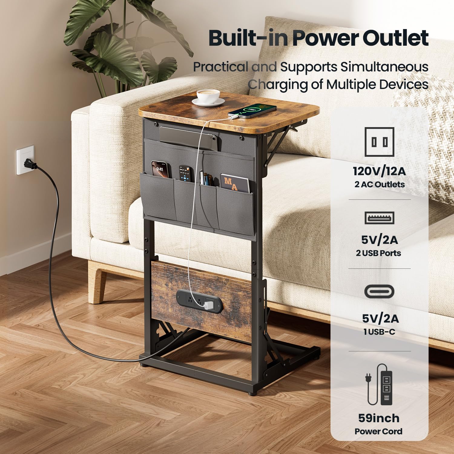 End table with built-in storage bag for remotes and magazines