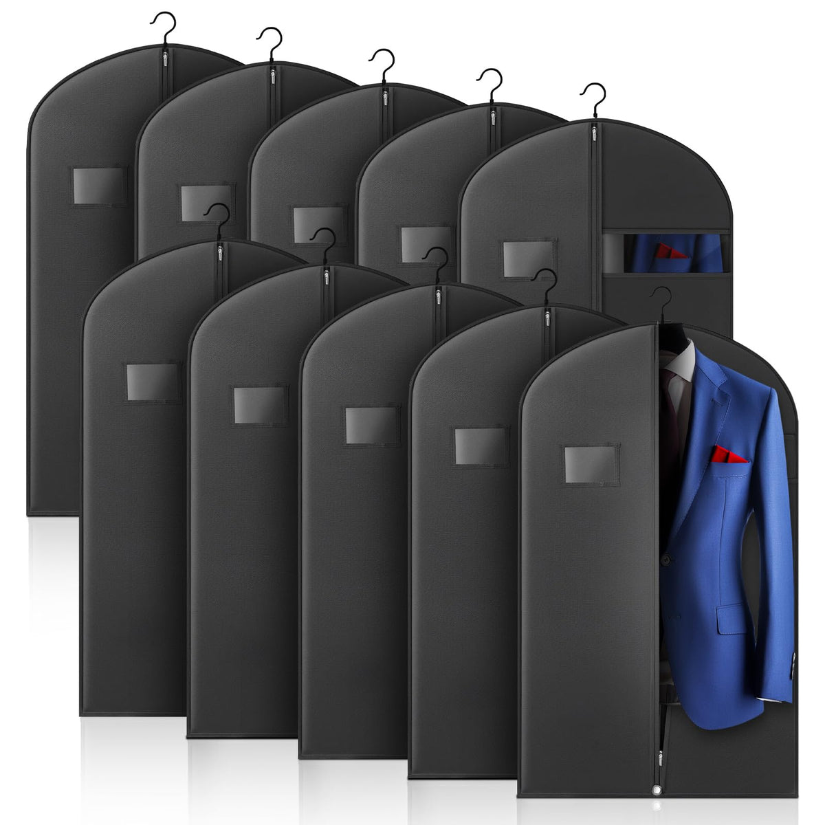 Hleelomi 10-pack 40-inch garment bags with a clear window for quick identification.