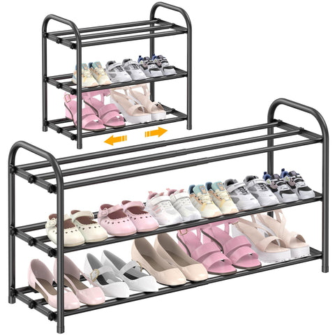 Hleelomi 3-tier expandable shoe rack front view, space-saving entryway storage for shoes.