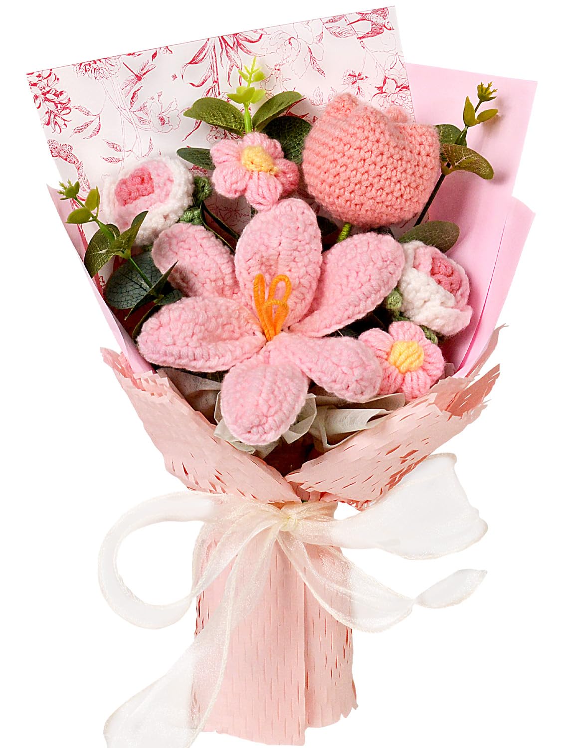 Hlenbin crochet bouquet tulips in pink offering durable, allergy-friendly decor.
