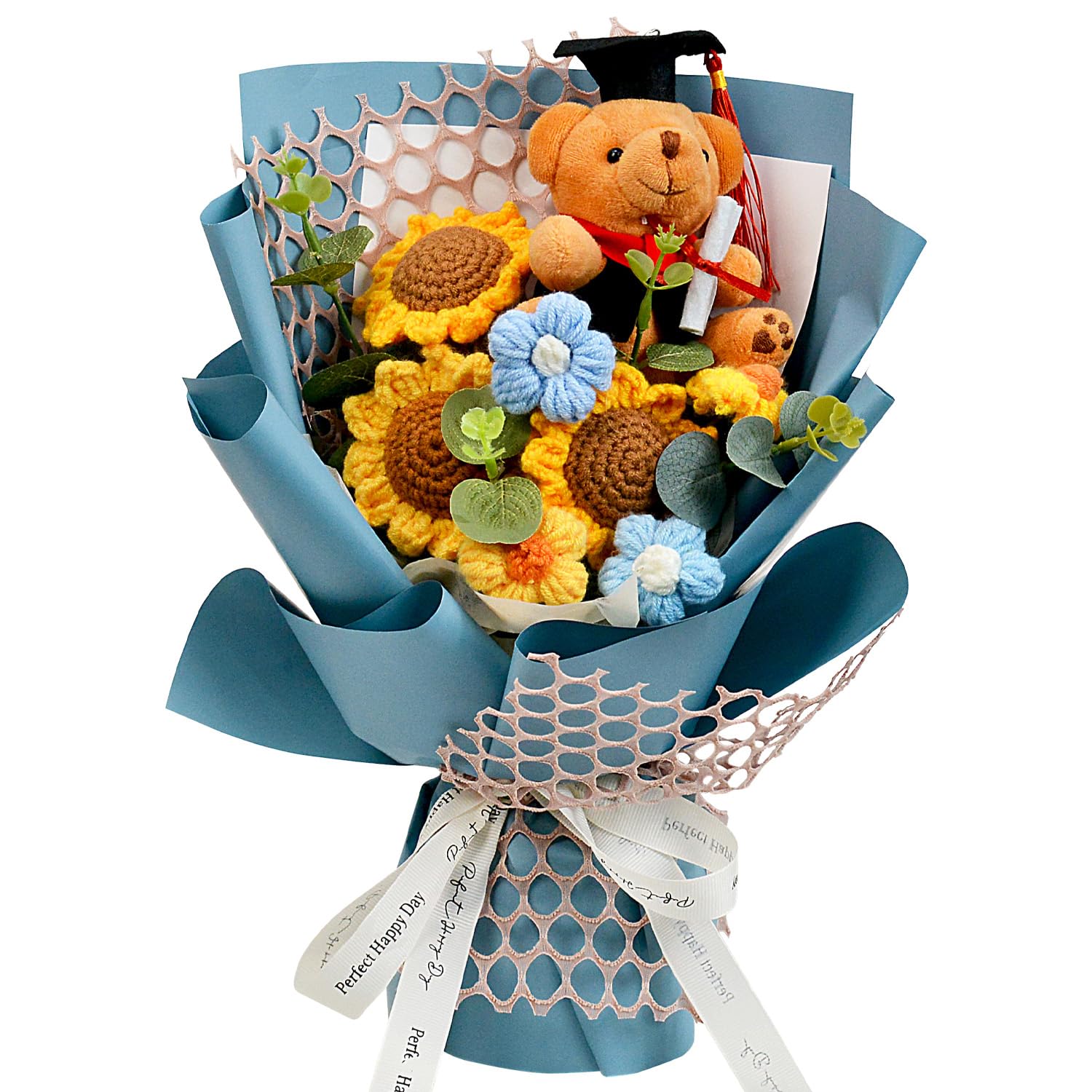 Hlenbin graduation bouquet with blue wrap and bear, ready to gift.