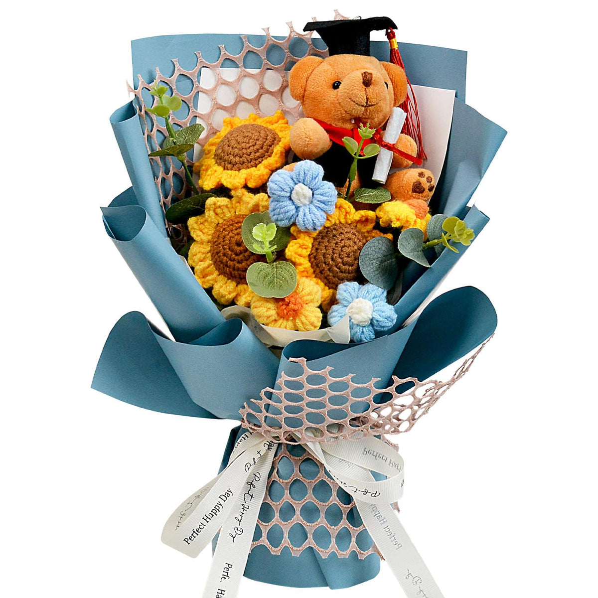 Hlenbin graduation bouquet with blue wrap and bear, ready to gift.