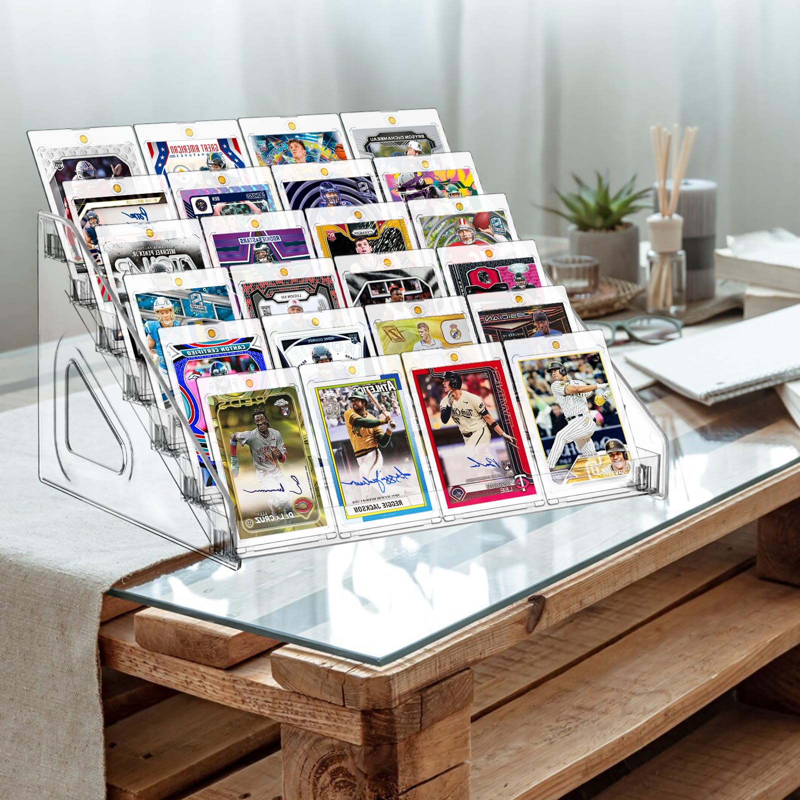 Hlimior two-pack 7-tier acrylic display stand for multiple card sets.