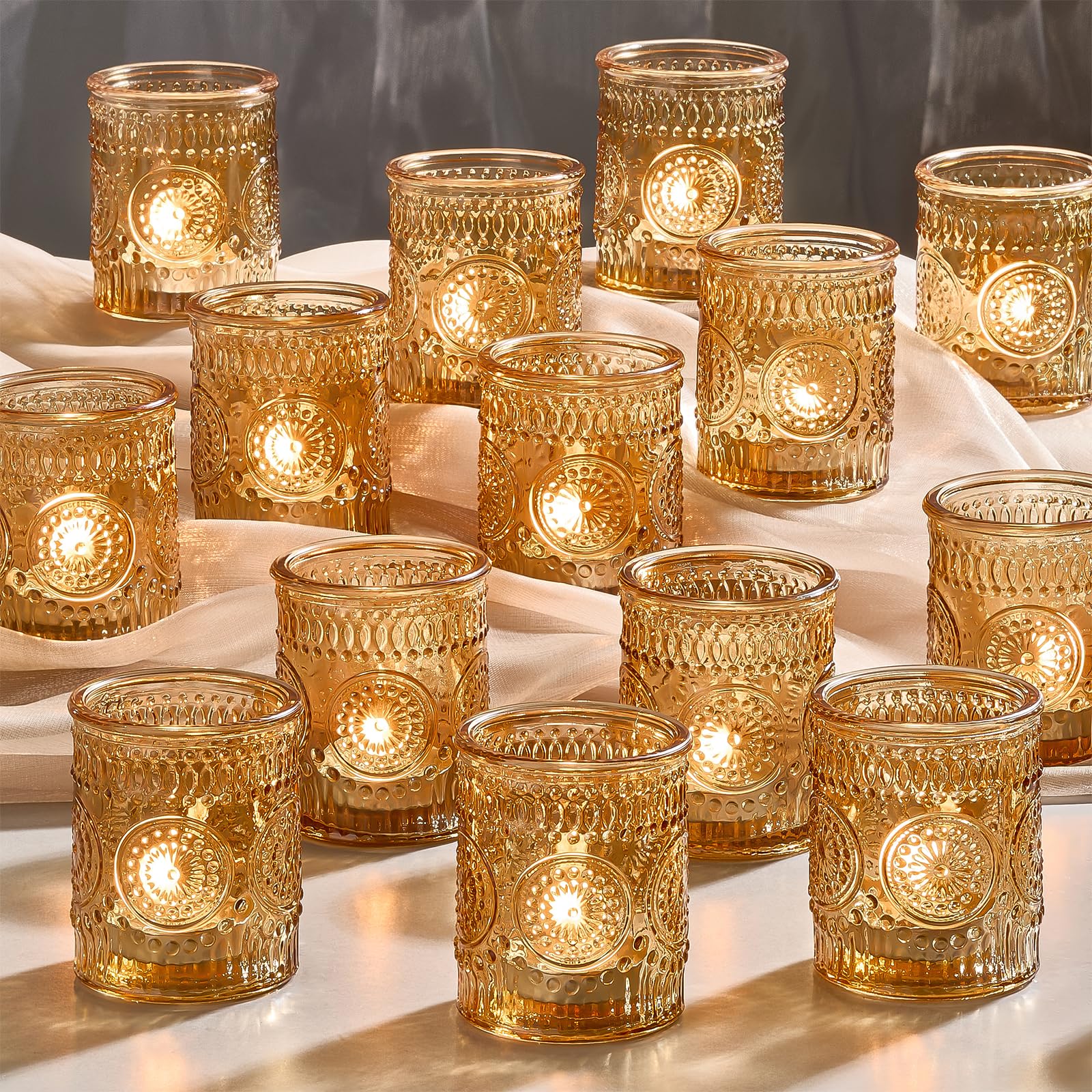 Hlukana 30-pack clear glass votive holders with sunflower emboss for elegant wedding centerpieces.