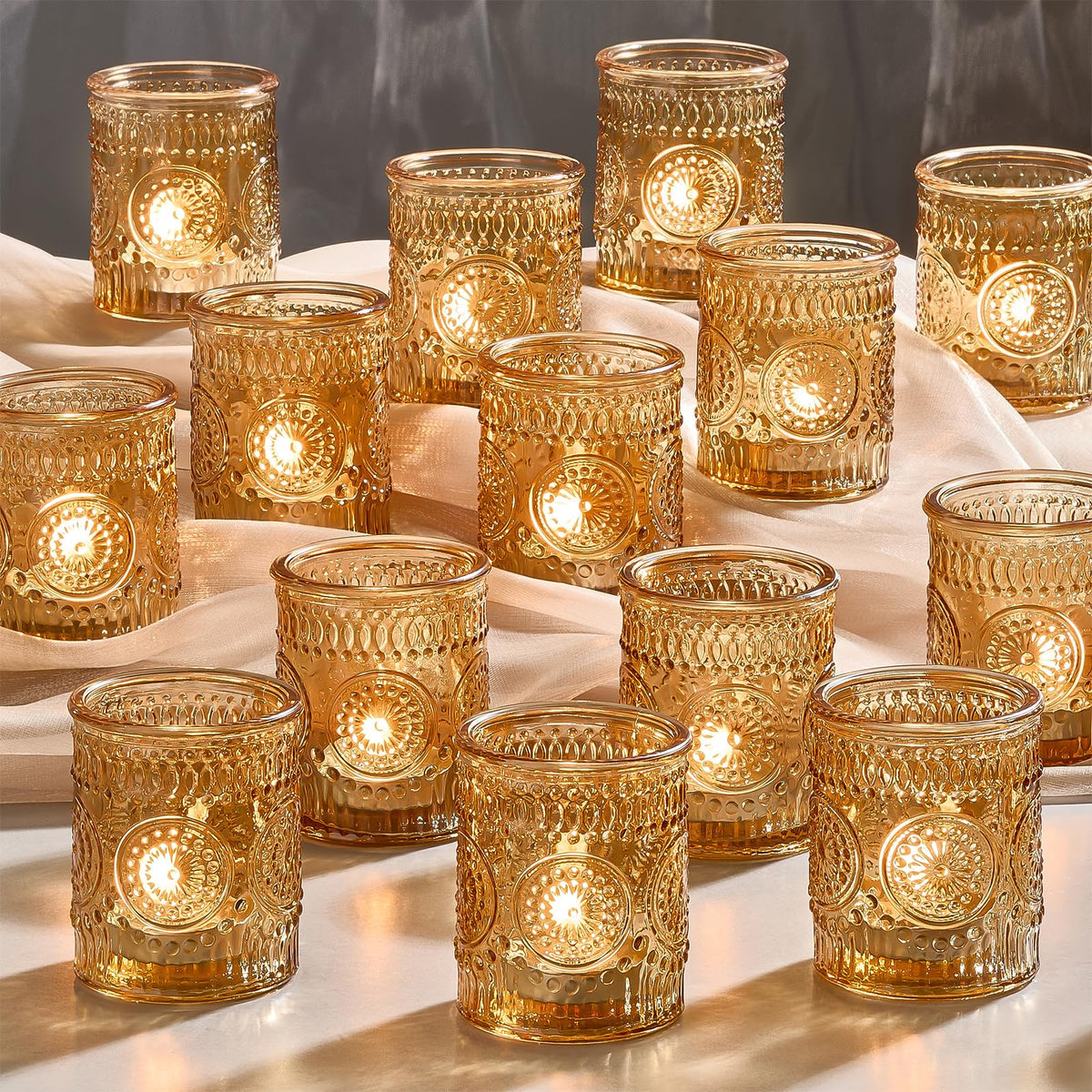 Hlukana 30-pack clear glass votive holders with sunflower emboss for elegant wedding centerpieces.