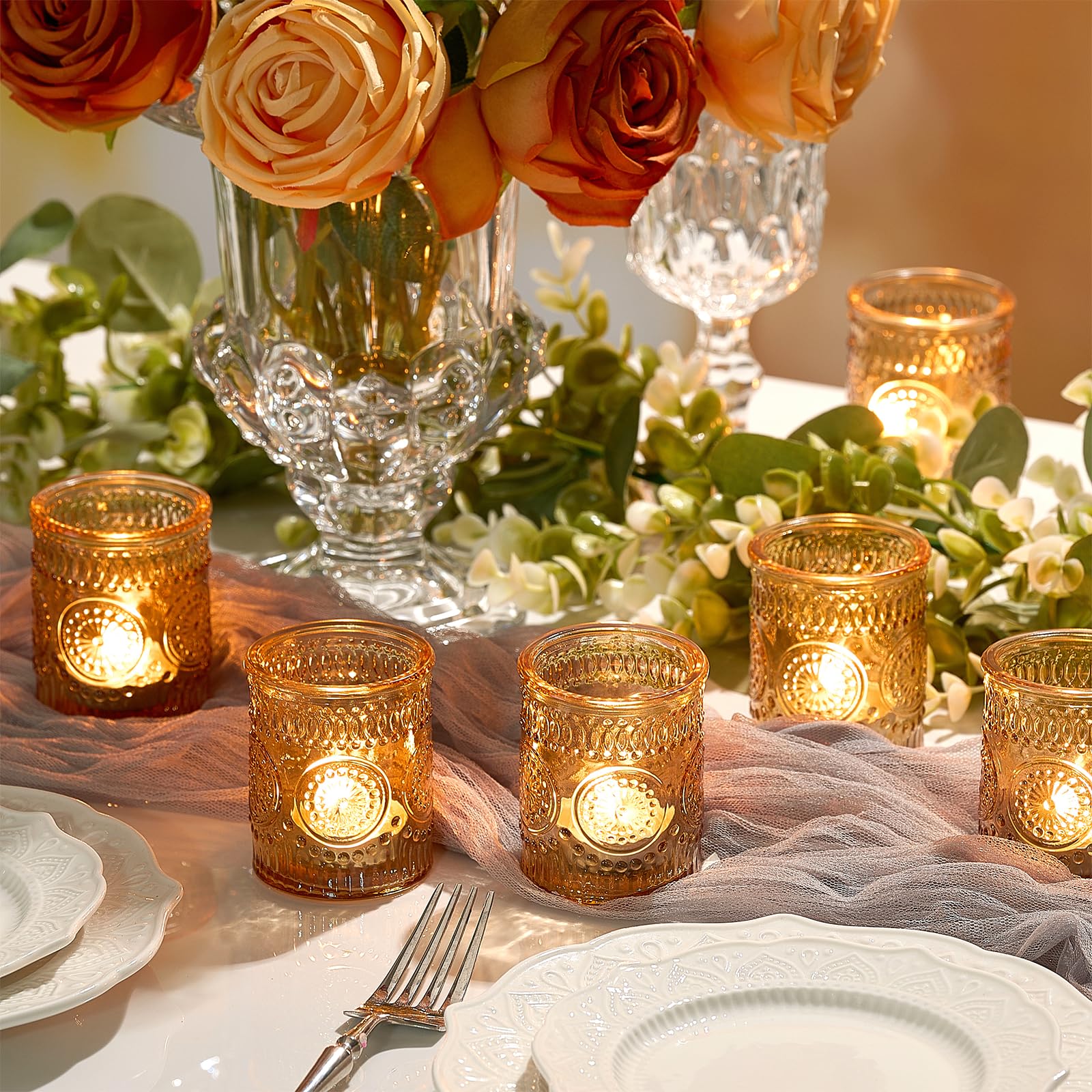 Hlukana tealight holders fit standard candles; ideal for bridal showers and holiday tables.