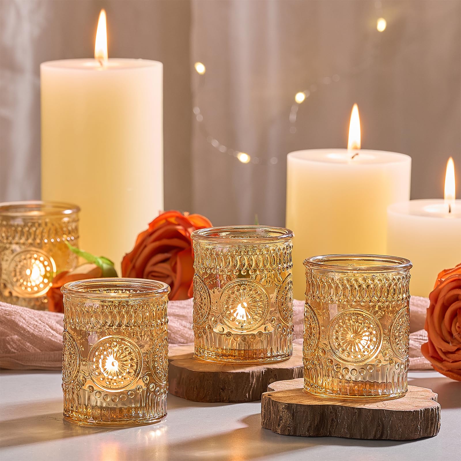 Hlukana vintage-style glass tealight holders showcase the sunflower emboss and warm ambiance.