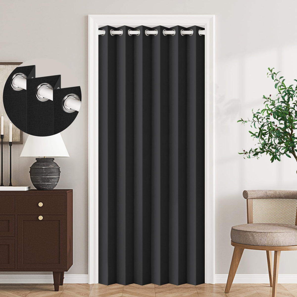 HMYI 100% blackout accordion door curtain in closed view for privacy and light control