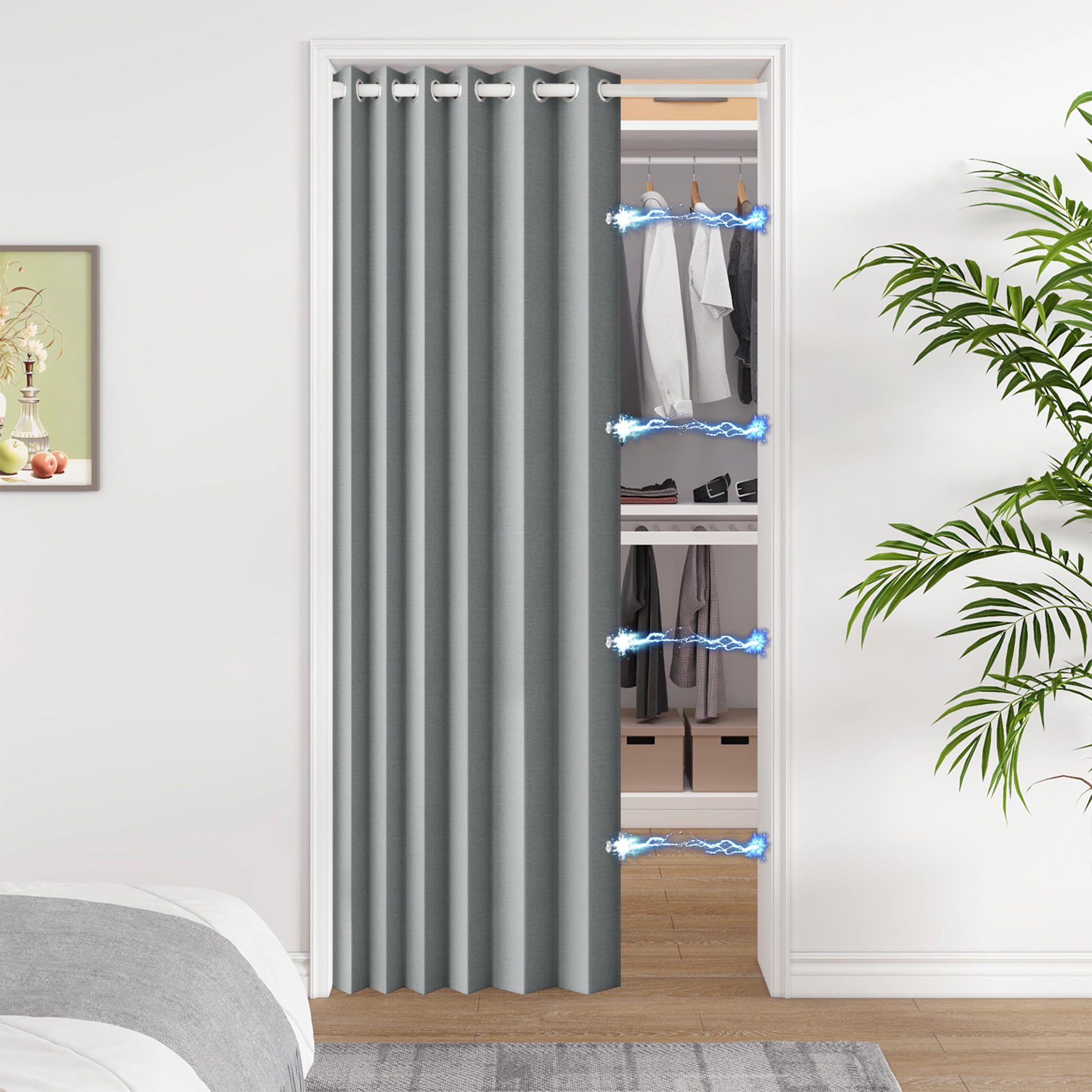 HMYI blackout door curtain gray magnetic buckles secure panel edges