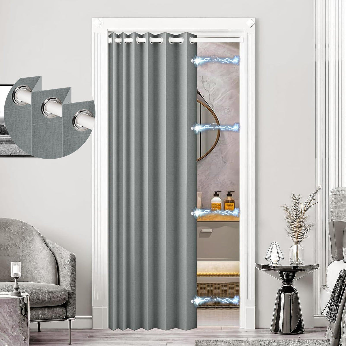 HMYI blackout door curtain gray panel close-up shows faux linen texture and privacy