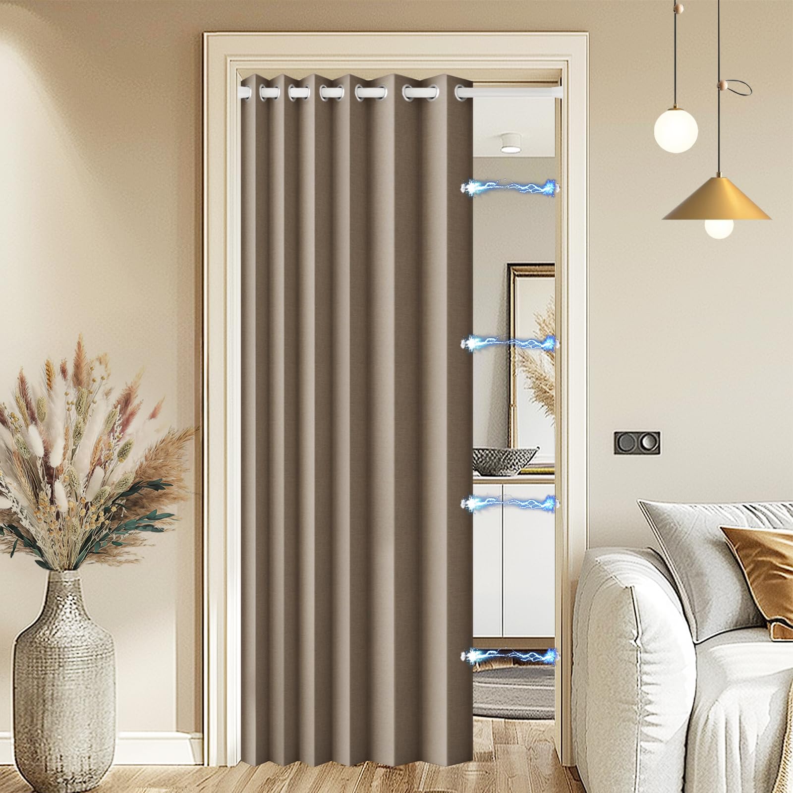 HMYI blackout door curtain with grommet design for easy installation in a doorway.