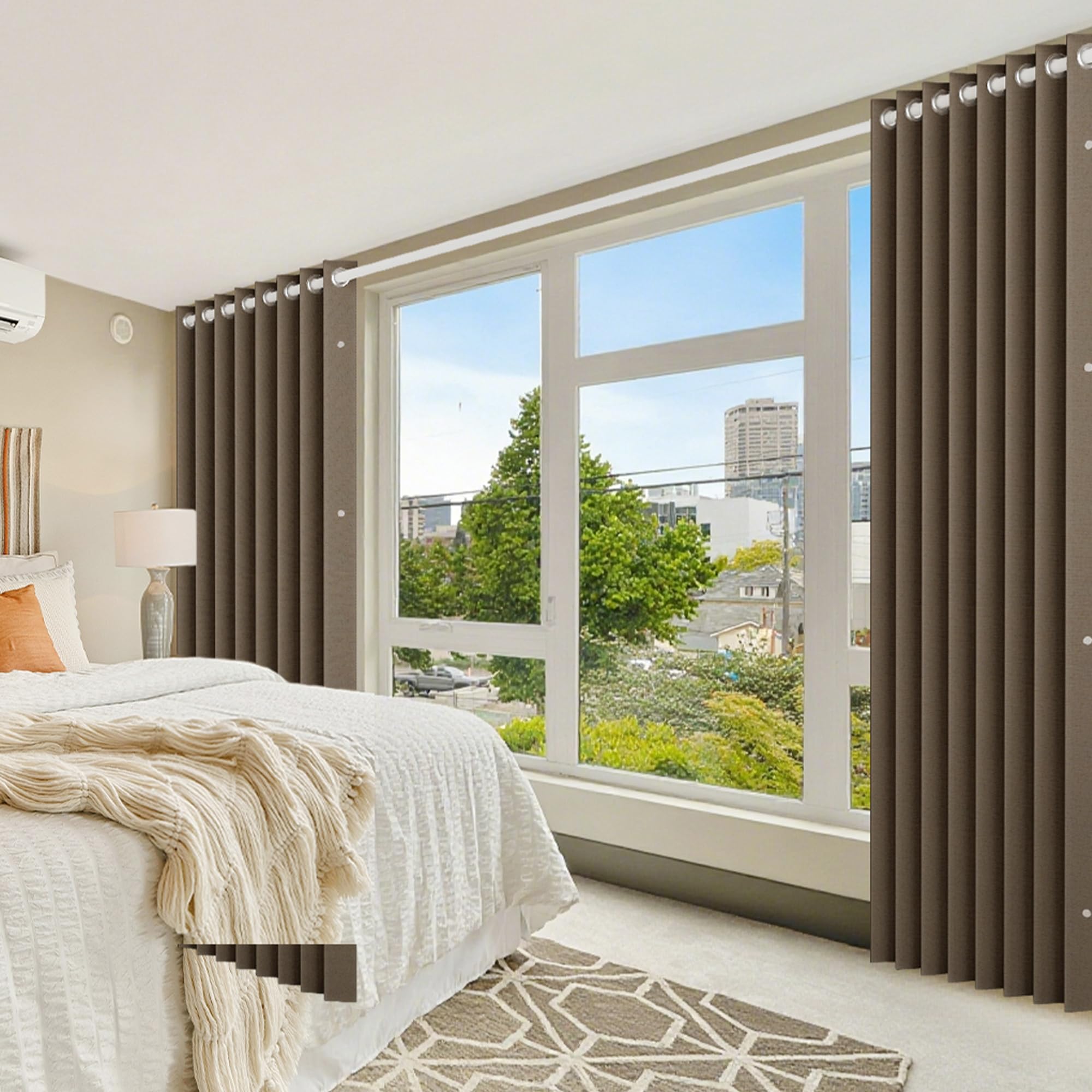 Warm brown color of HMYI curtain complements bedroom and wardrobe interiors.