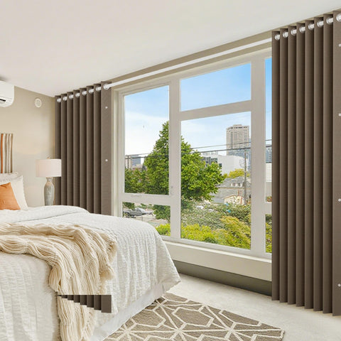 Warm brown color of HMYI curtain complements bedroom and wardrobe interiors.