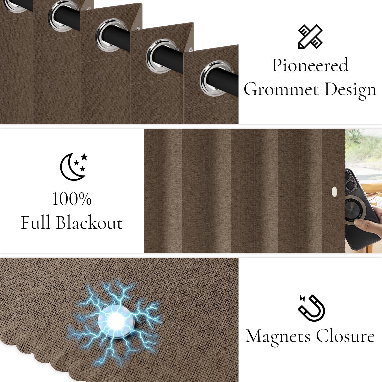 Eight magnetic pins and round iron pieces secure curtain edges against walls.