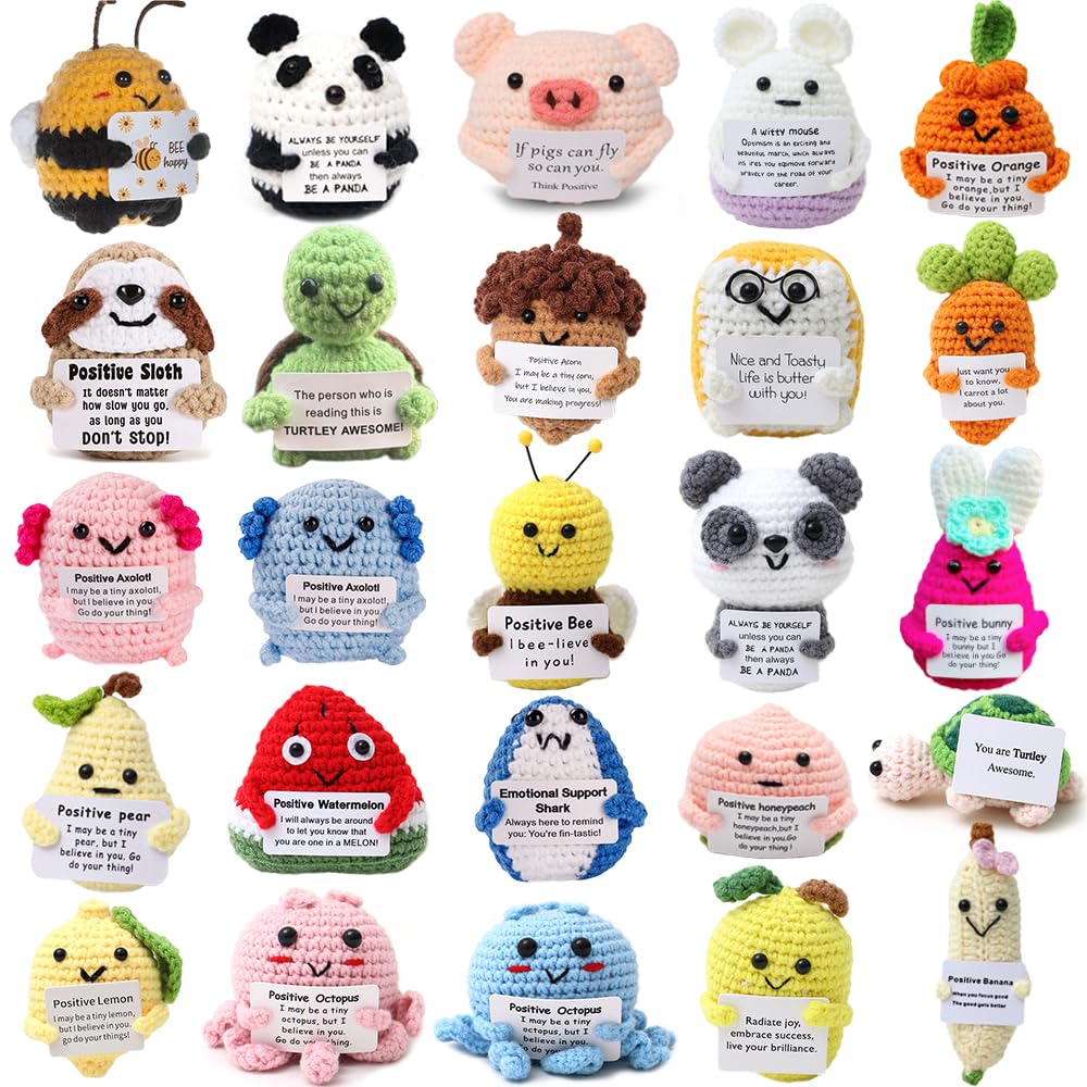 Hnqiqs positive crochet animals bulk pack; palm-sized comfort gifts for colleagues.