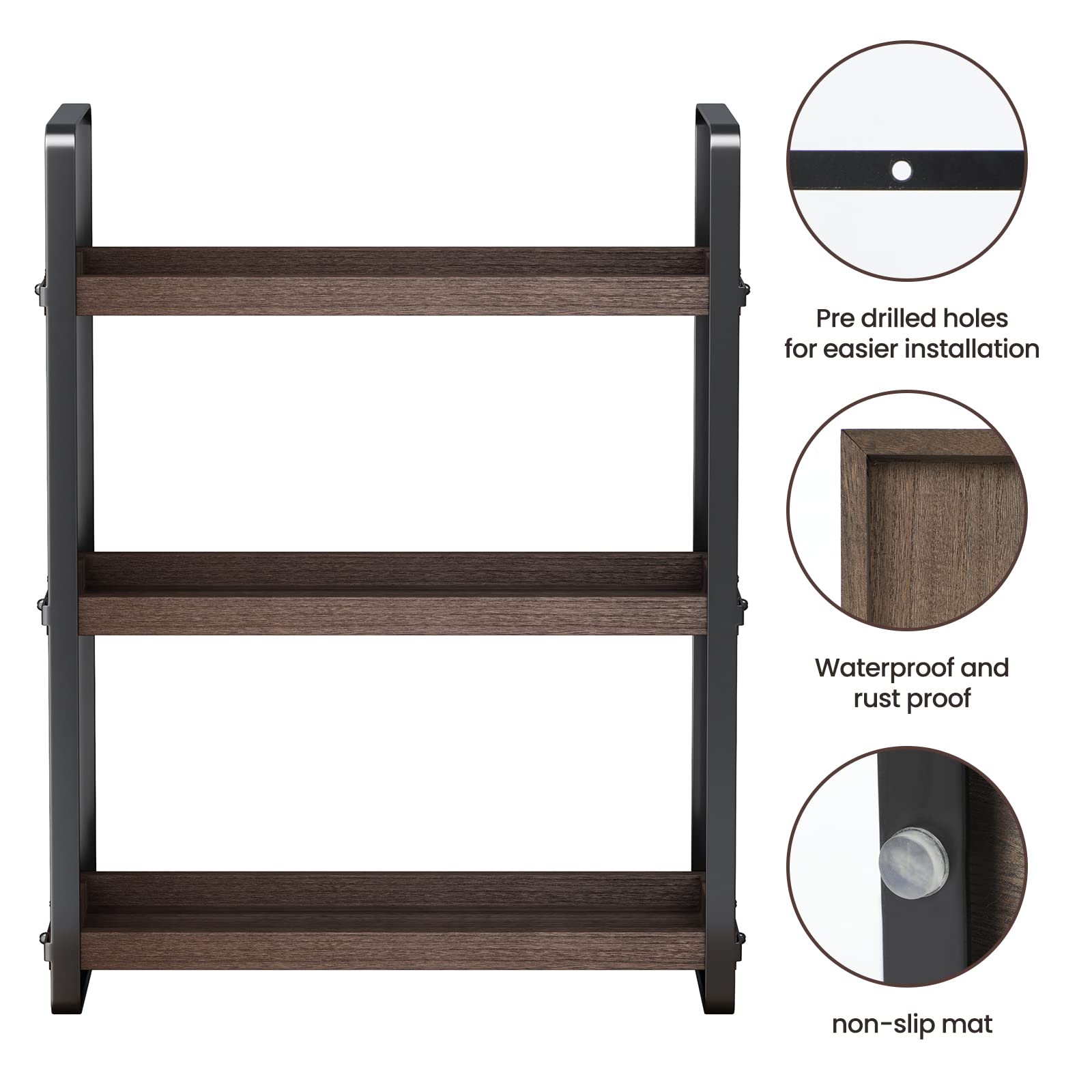 HNRLOY bathroom counter organizer side view highlights sturdy wood-and-iron frame for damp bathrooms.
