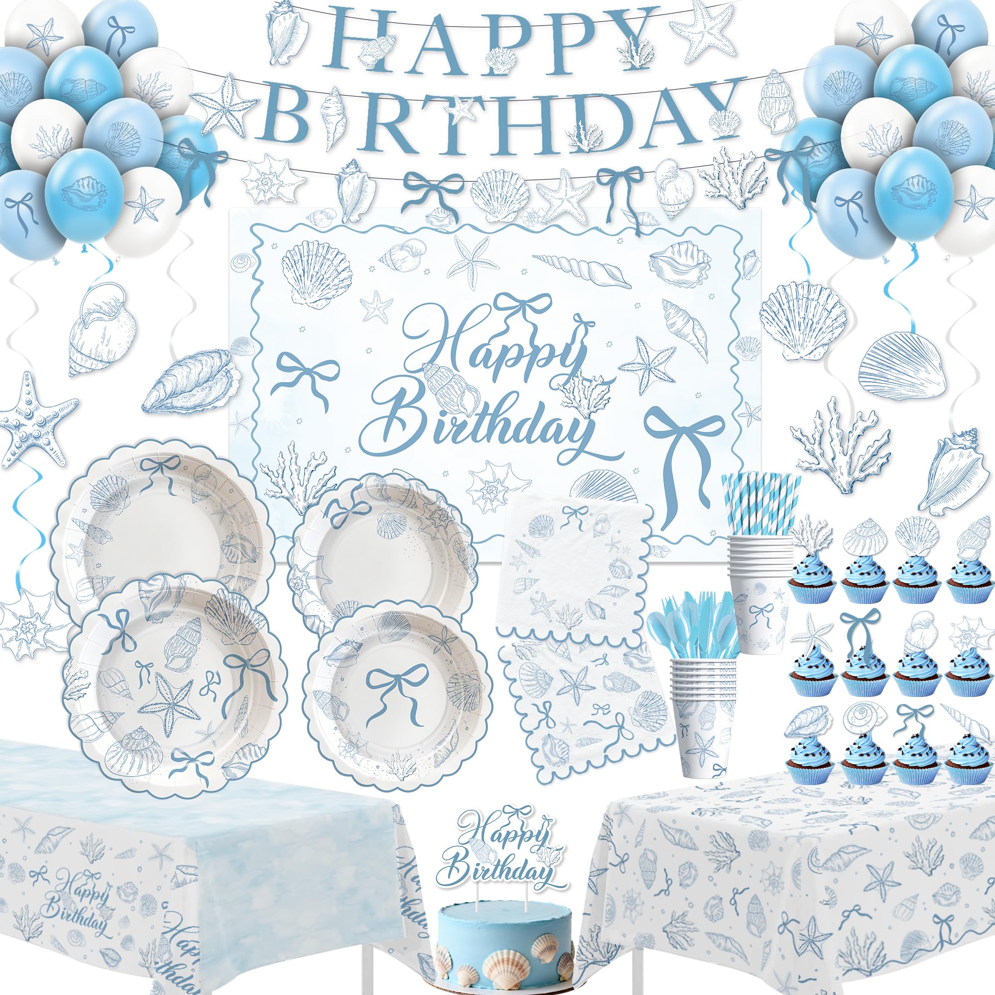 HOAKWA seashell party plates 9-inch with blue line-art design for coastal celebrations.