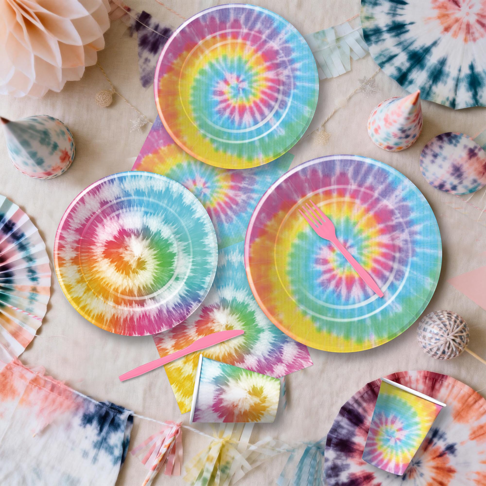 HOAKWA Tie Dye Birthday Banner anchors the party theme