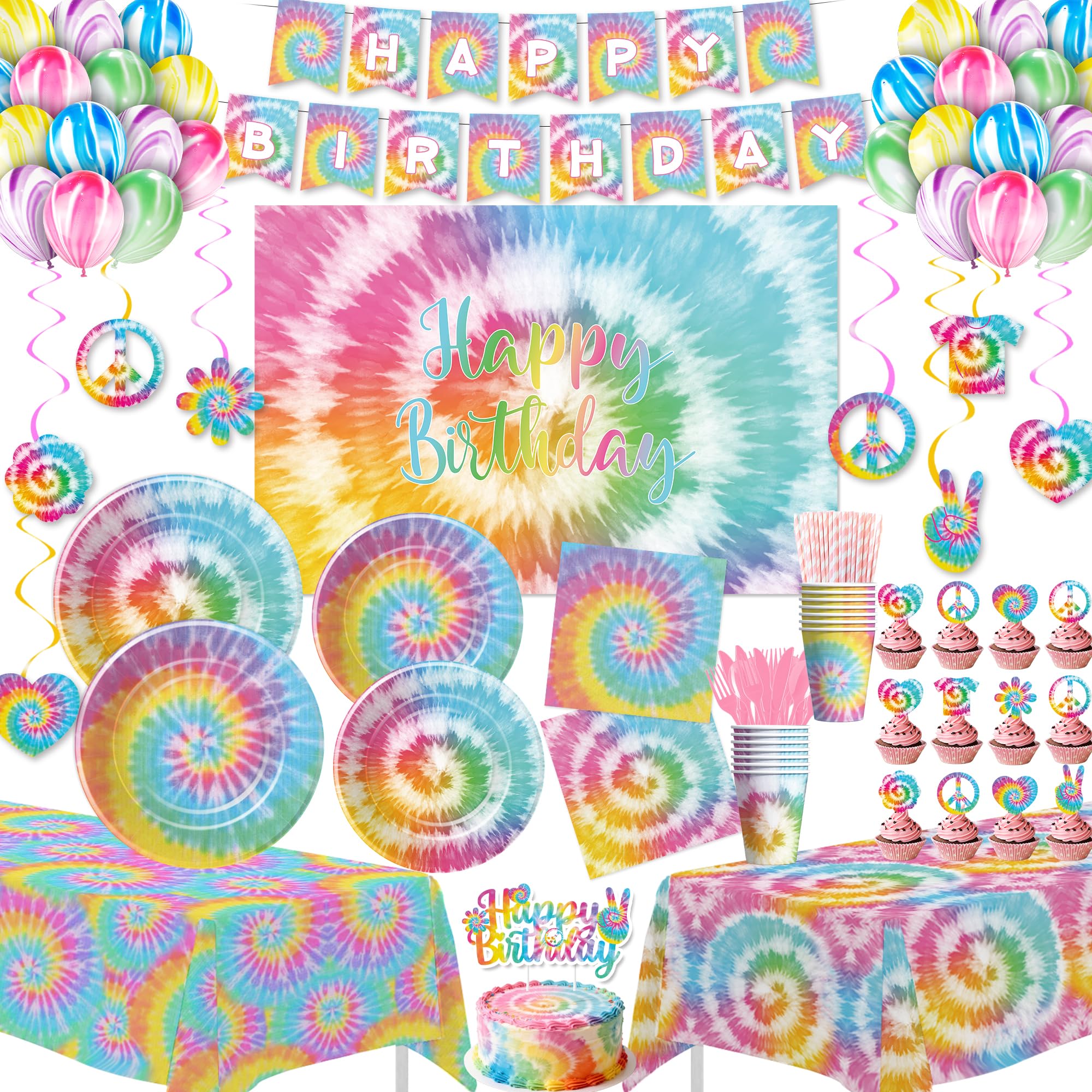 HOAKWA Tie Dye Plates 9in display bold rainbow swirls for festive meals