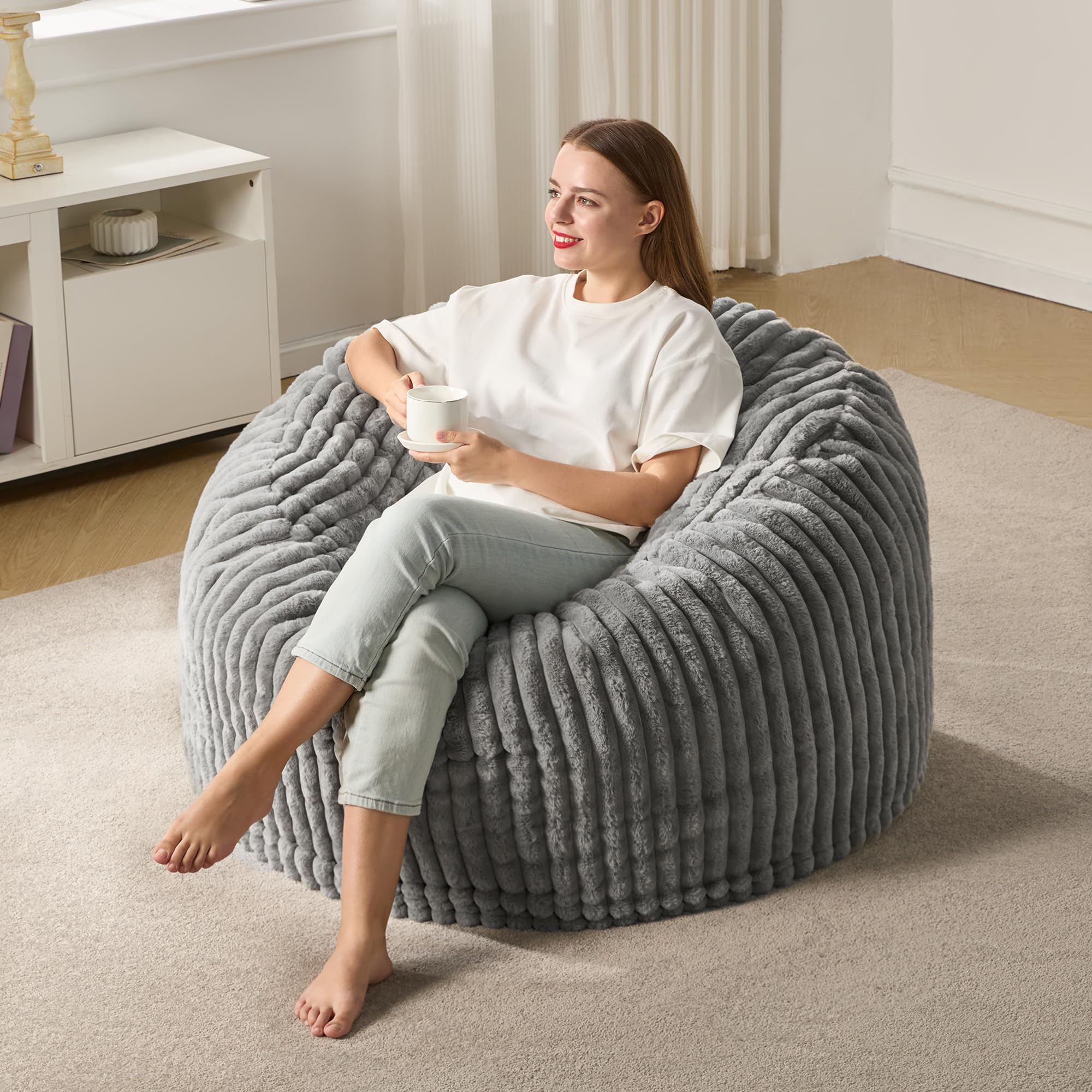 Hobestluk 3ft bean bag chair gray fabric for casual lounging and comfort