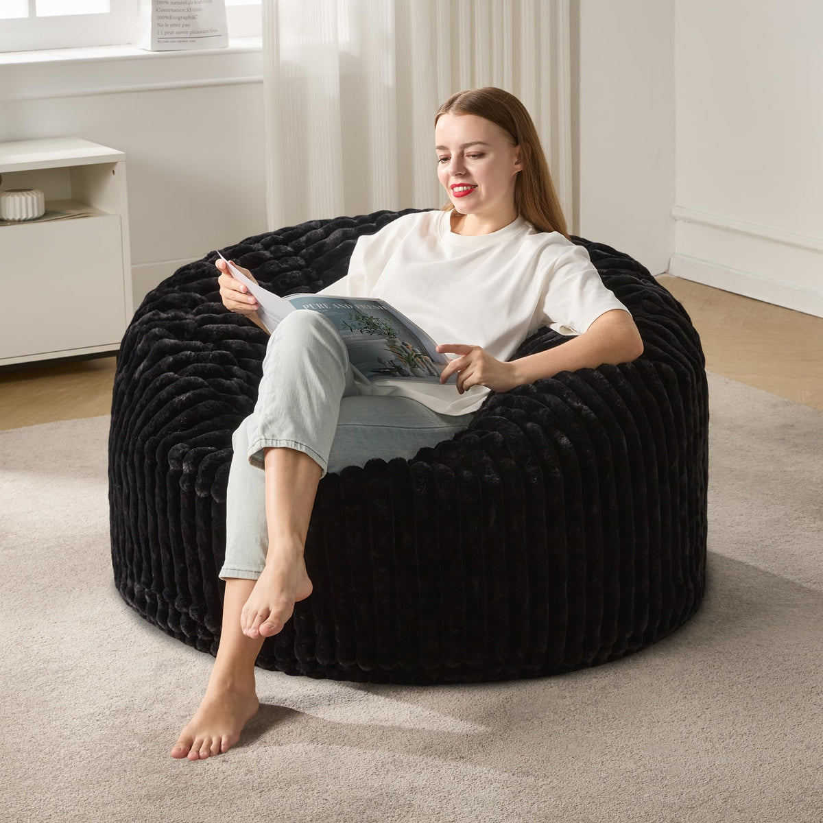 Hobestluk 3ft bean bag chair with stripe cover viewed from the front for cozy lounging.