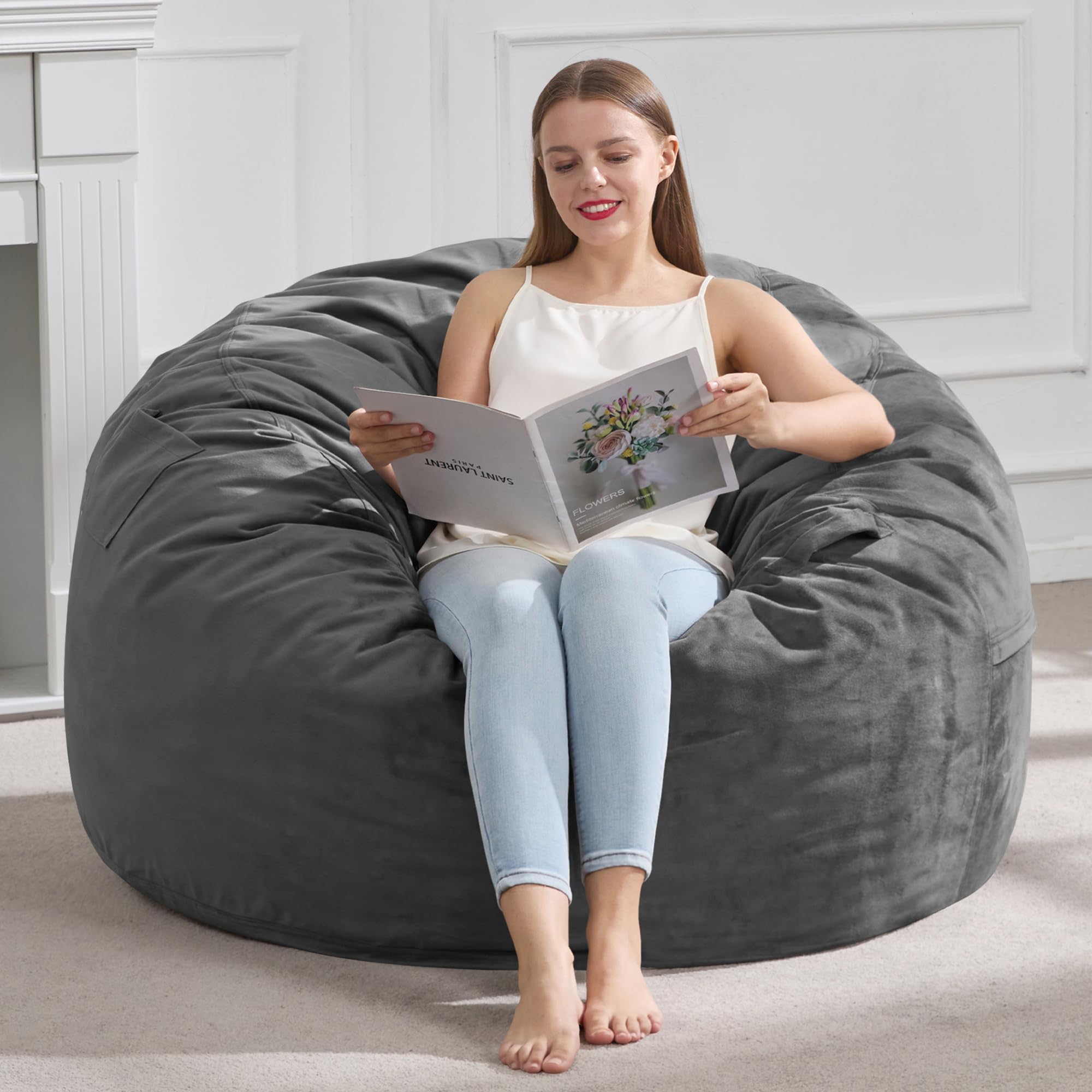 Hobestluk 3ft bean bag chair close-up showing memory foam filling for support.
