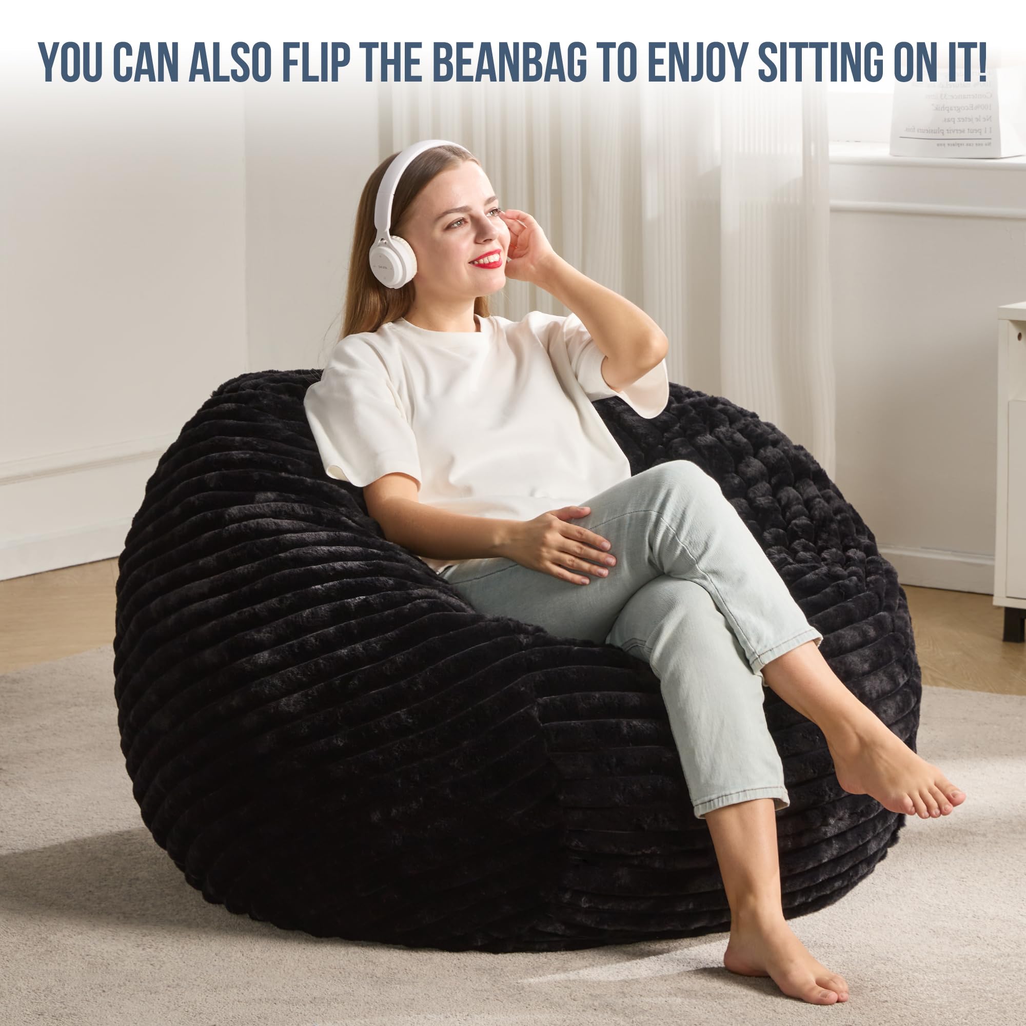 Hobestluk bean bag chair in a living room display showcasing size and style.